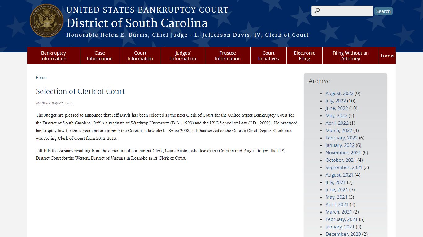 Selection of Clerk of Court | District of South Carolina | United ...