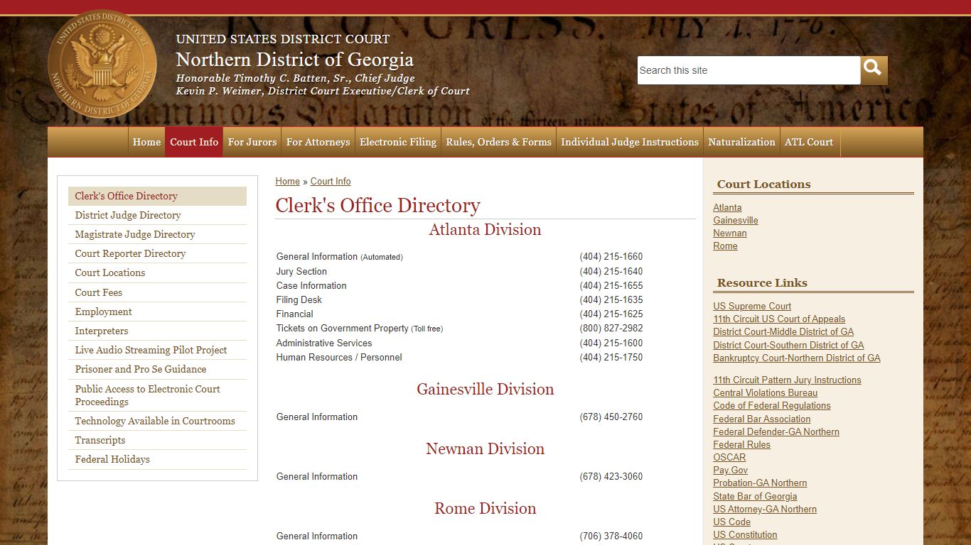 Clerk's Office Directory - United States District Court