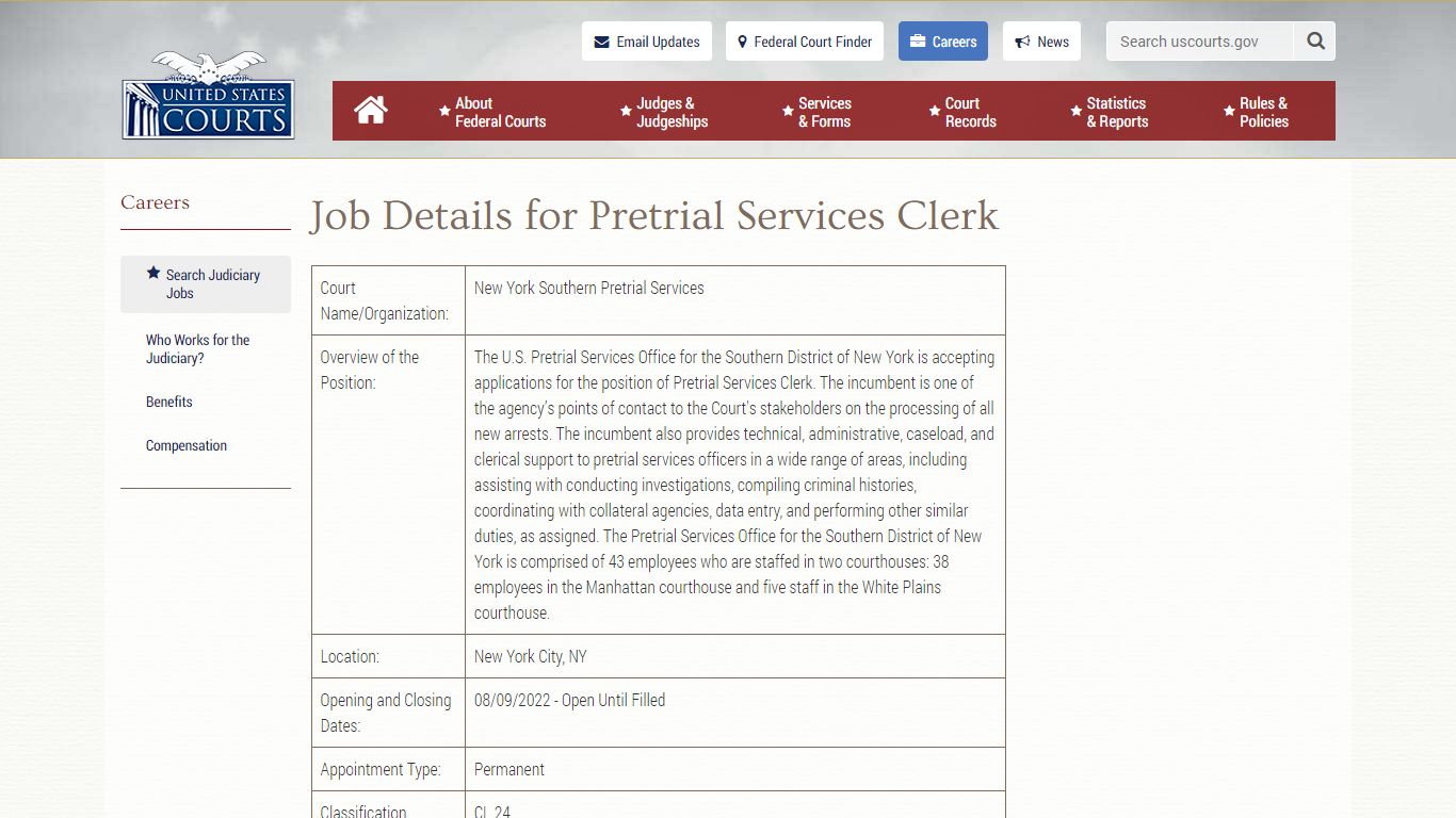 Job Details for Pretrial Services Clerk | United States Courts