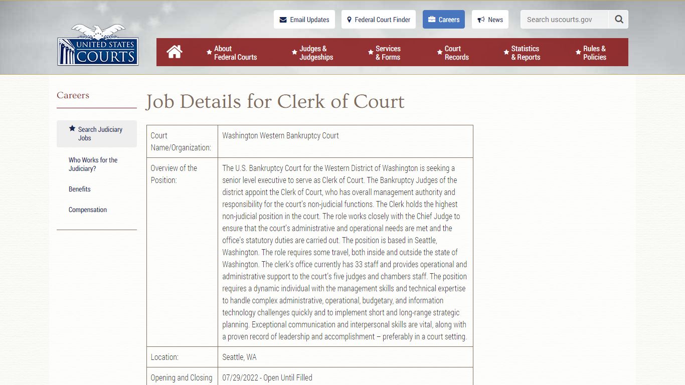 Job Details for Clerk of Court | United States Courts